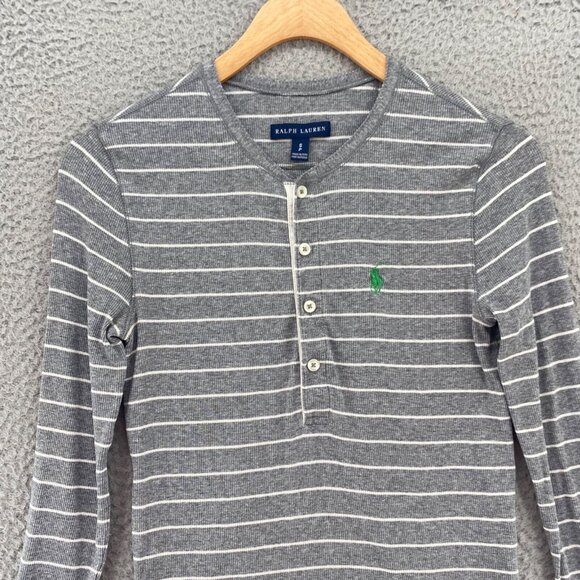 Ralph Lauren Top Womens Small Gray Striped 1/4 Button Long Sleeve Knit Stretch - Picture 2 of 11